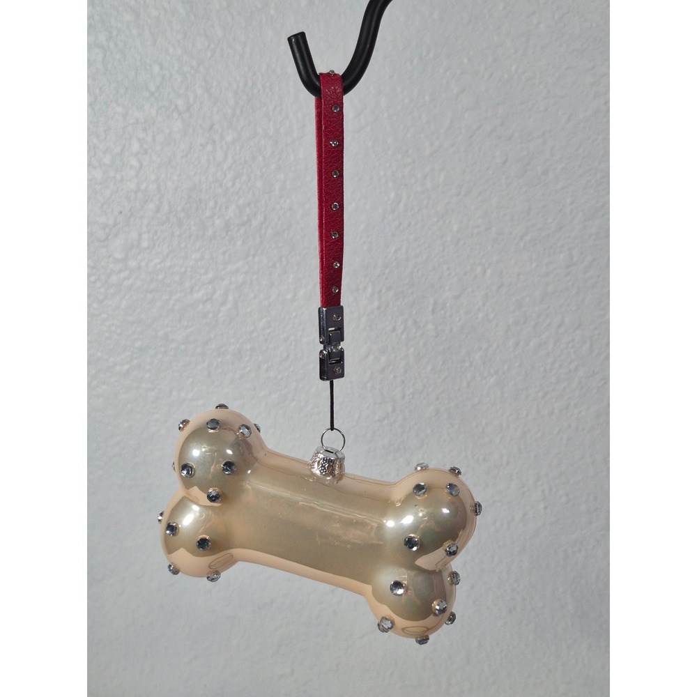 Champagne Gold Dog Bone Christmas Ornament with Faux Rhinestone Crystals